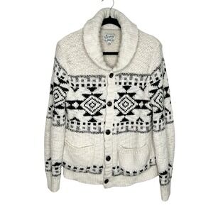 Lucky Brand Southwestern Sherpa Cardigan M Fair Isle Fisherman Chunky Knit Heavy